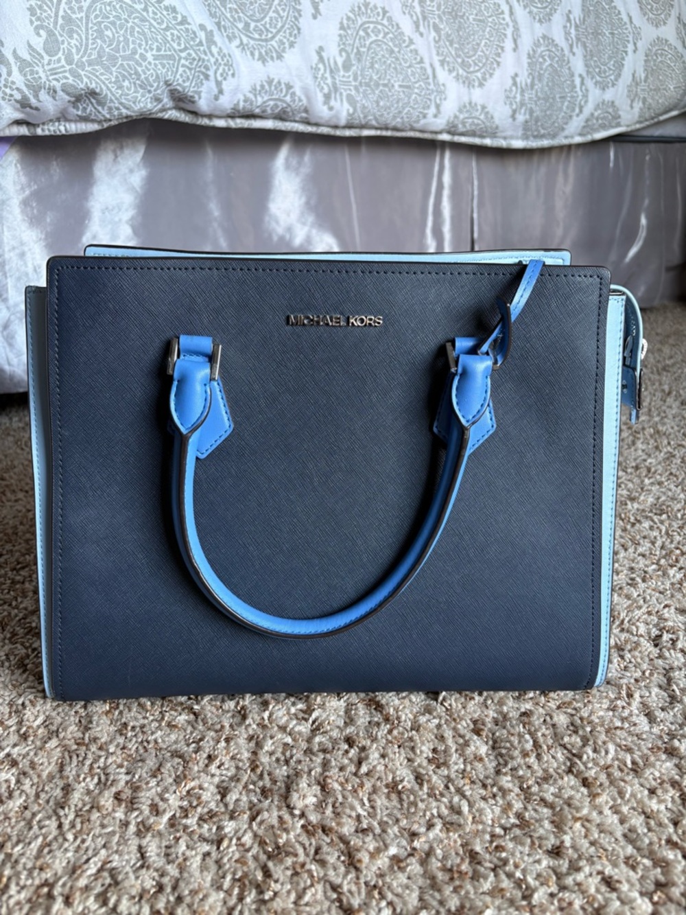 Michael Kors Navy Satchel with Light Blue Trim